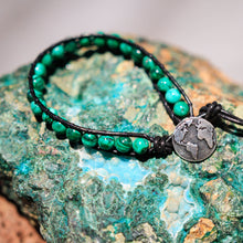 Load image into Gallery viewer, Malachite Bead and Leather Wrap Bracelet (WB 35)