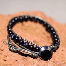 Load image into Gallery viewer, Blue Goldstone Bead and Leather Wrap Bracelet (WB 45)