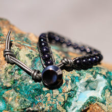 Load image into Gallery viewer, Blue Goldstone Bead and Leather Wrap Bracelet (WB 45)