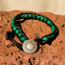 Load image into Gallery viewer, Malachite Bead and Leather Wrap Bracelet (WB 56)