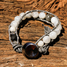 Load image into Gallery viewer, Moonstone Bead and Leather Wrap Bracelet (WB 71)