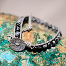 Load image into Gallery viewer, Snowflake Obsidian Bead and Leather Wrap Bracelet (WB 48)