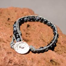 Load image into Gallery viewer, Snowflake Obsidian Bead and Leather Wrap Bracelet (WB 48)
