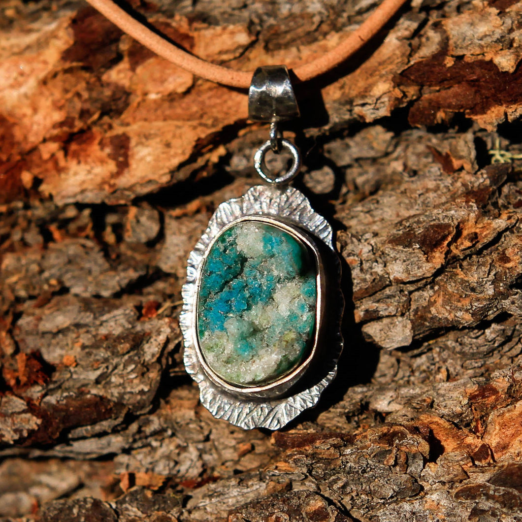 Chrysocolla Druzy (Gem Silica) Cabochon and Sterling Silver Pendant (SSP 1030)