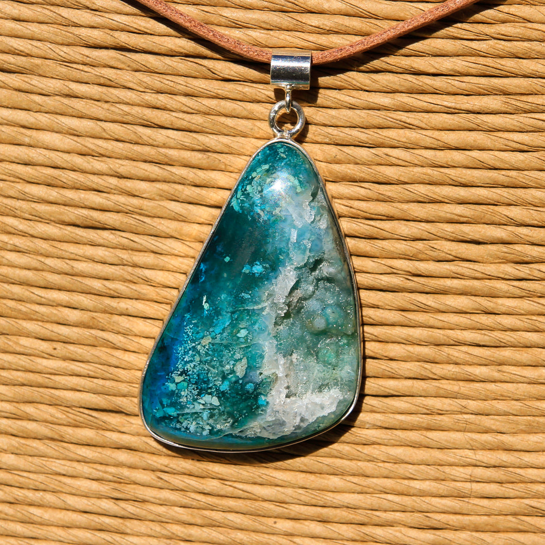 Chrysocolla Druzy (Gem Silica) Cabochon and Sterling Silver Pendant (SSP 1164)