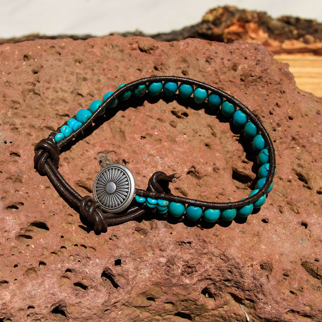 Turquoise Bead and Leather Wrap Bracelet (WB 11)