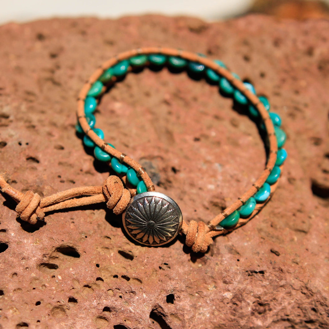 Turquoise Bead and Leather Wrap Bracelet (WB 12)