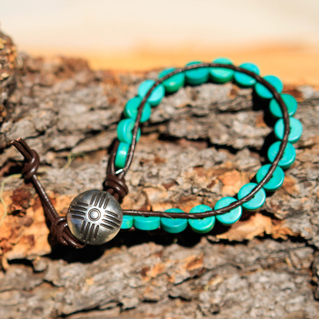 Turquoise (Magnesite) Bead and Leather Wrap Bracelet (WB 15)