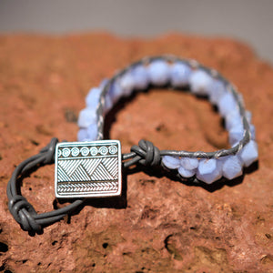 Blue Lace Agate Bead and Leather Wrap Bracelet (WB 27)