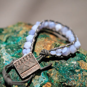 Blue Lace Agate Bead and Leather Wrap Bracelet (WB 27)
