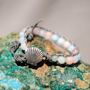Morganite Bead and Leather Wrap Bracelet (WB 29)