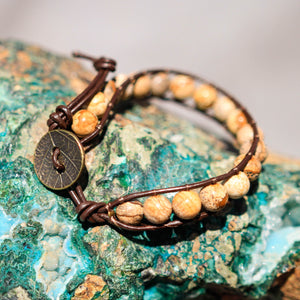 Picture Jasper Bead and Leather Wrap Bracelet (WB 42)