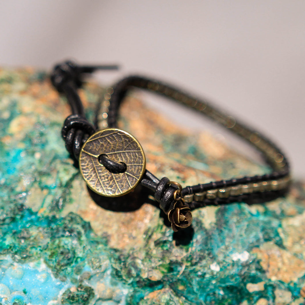 Pyrite Bead and Leather Wrap Bracelet (WB 43)