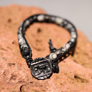 Black Silkstone Bead and Leather Wrap Bracelet (WB 44)