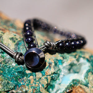 Blue Goldstone Bead and Leather Wrap Bracelet (WB 45)