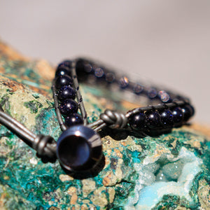 Blue Goldstone Bead and Leather Wrap Bracelet (WB 45)