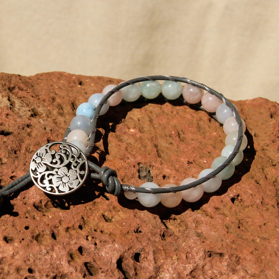 Morganite Bead and Leather Wrap Bracelet (WB 54)