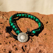 Load image into Gallery viewer, Malachite Bead and Leather Wrap Bracelet (WB 56)
