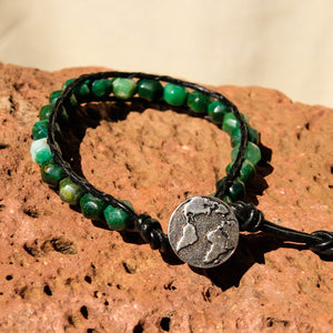 Green Tree Agate Bead and Leather Wrap Bracelet (WB 57)