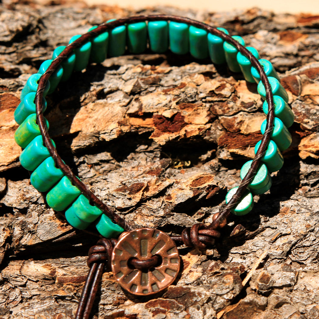 Turquoise (Magnesite) Bead and Leather Wrap Bracelet (WB 72)